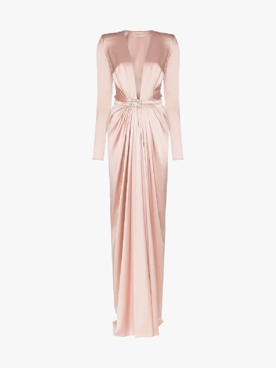 Shop Alexandre Vauthier Ruched Belted Silk Gown In Pink
