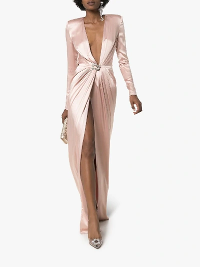 Shop Alexandre Vauthier Ruched Belted Silk Gown In Pink