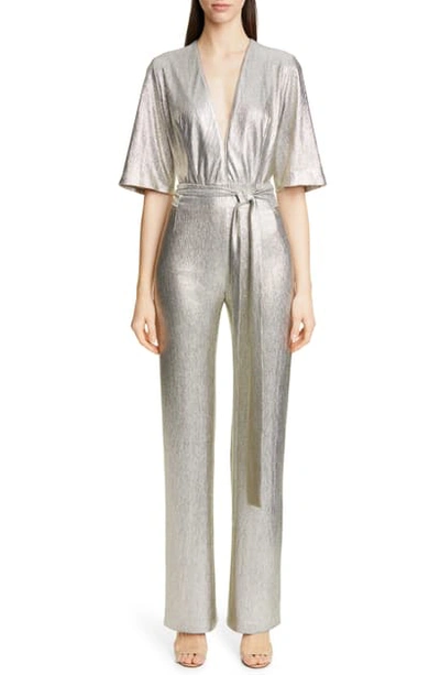 Shop Galvan Metallic Galaxy Jumpsuit In Light Gold