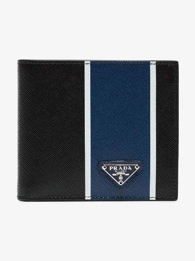 Shop Prada Black And Blue Logo Stripe Leather Billfold Wallet