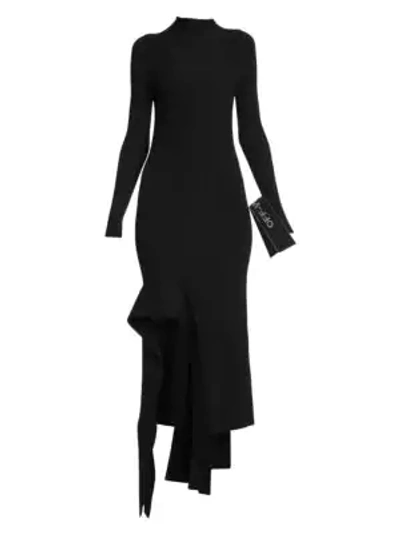 Shop Off-white Asymmetric Knit Long-sleeve Dress In Black