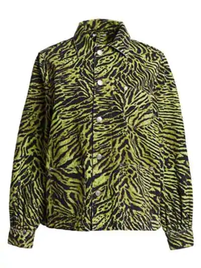 Shop Ganni Print Denim Jacket In Lime Tiger