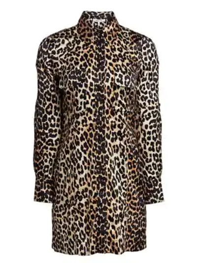 Shop Ganni Stretch-silk Satin Leopard-print Shirtdress