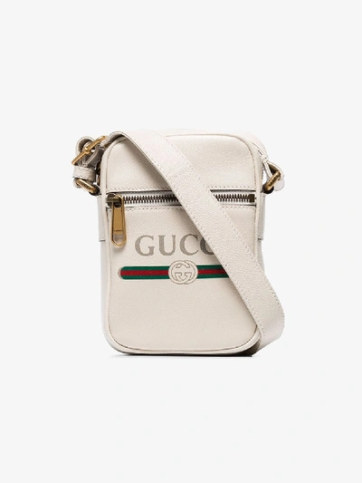 Shop Gucci Mens White Logo Print Leather Messenger Bag