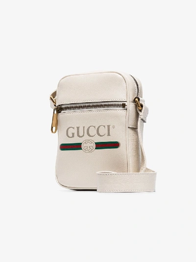 Shop Gucci Mens White Logo Print Leather Messenger Bag