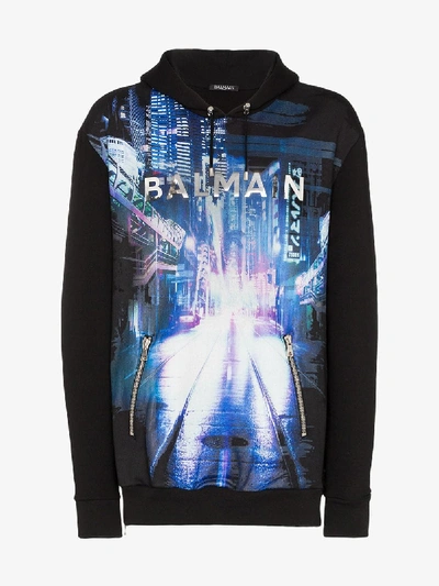 Shop Balmain Logo Print Graphic Hoodie In Black