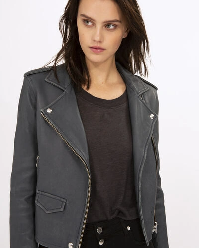Shop Iro Ashville Leather Jacket In Grey Denim