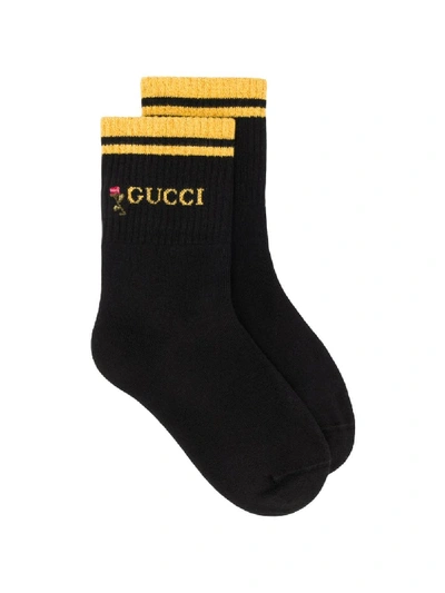 Shop Gucci Embroidered Logo Ankle Socks In Black