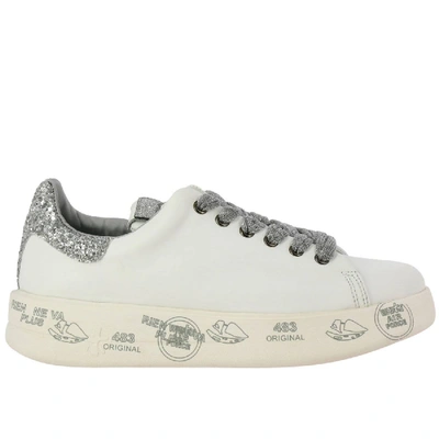 Shop Premiata Sneakers In Leather With Maxi Platform Sole, Multi Prints And Glitter Details In White
