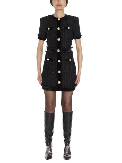 Shop Balmain Tweed Buttoned Mini Dress In Black