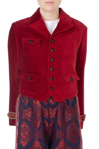 Shop Saint Laurent Cropped Embroidered Sleeves Jacket In Red