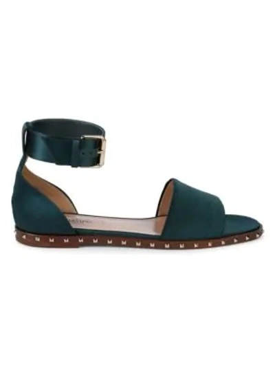 Shop Valentino Rockstud Satin Flat Sandals In Dark Green