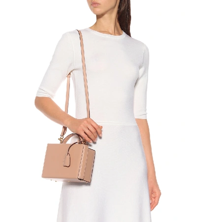 Shop Mark Cross Grace Small Box Leather Shoulder Bag In Beige