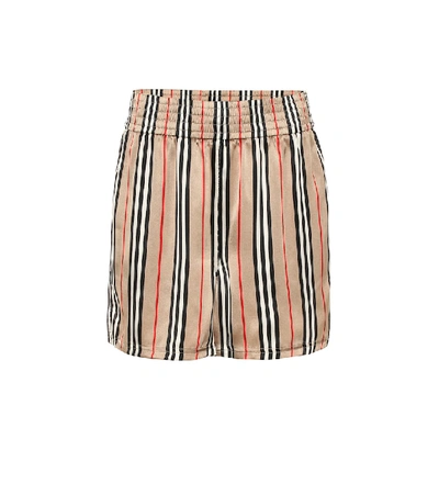 Shop Burberry Icon Stripe Silk Shorts In Beige