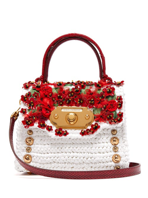 Dolce & Gabbana Welcome Floral-appliqué, Leather & Raffia Bag In White ...