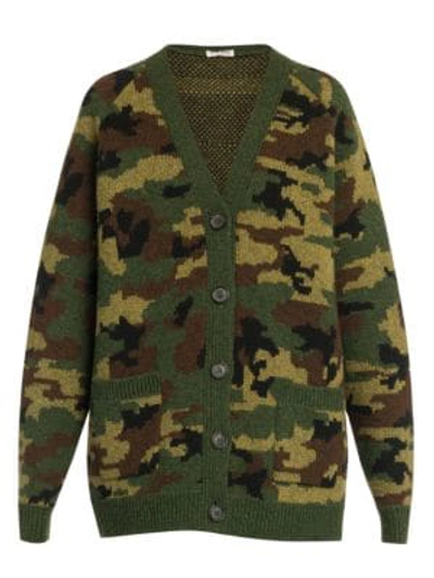 Shop Miu Miu Shetland Wool Camo Cardigan In Green Multi