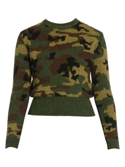 Shop Miu Miu Shetland Camo Wool Knit Crewneck Sweater In Green Multi