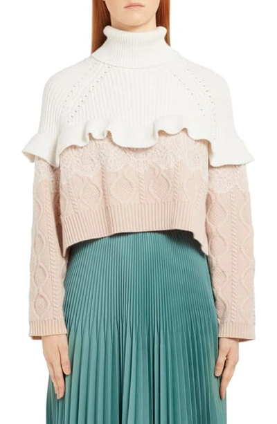 Shop Fendi Lace Trim Mixed Stitch Wool & Cashmere Sweater In Cream