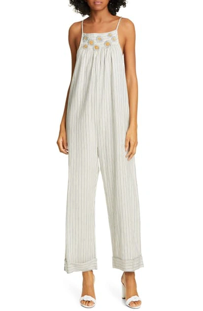 Shop The Great The Tie Up Embroidered Jumpsuit In Navy Ticking Stripe