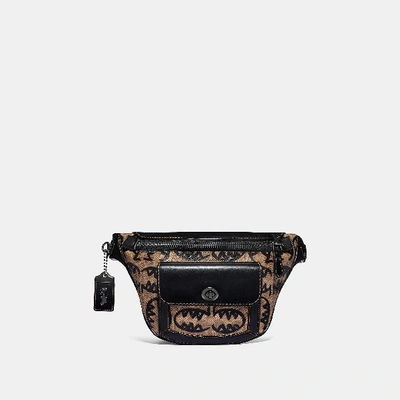 Shop Coach Riley Belt Bag In Signature Canvas With Rexy By Guang Yu In Khaki/black Copper Finish