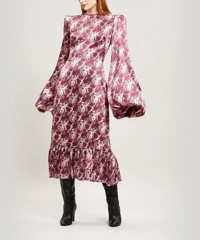 Shop The Vampire's Wife Belle Floral-print Exaggerated Sleeve Silk Dress In Maroon