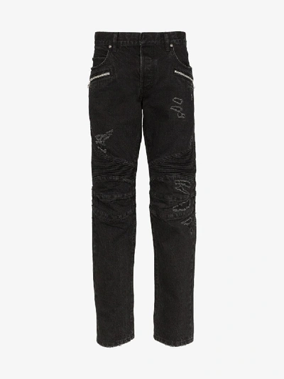 Shop Balmain Distressed Straight Leg Jeans In Black