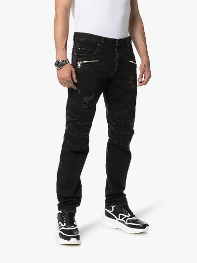 Shop Balmain Distressed Straight Leg Jeans In Black