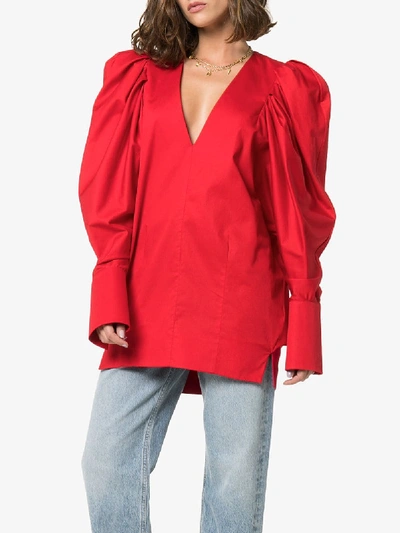 Shop Khaite Conie Pouf Sleeve Cotton Top In Red