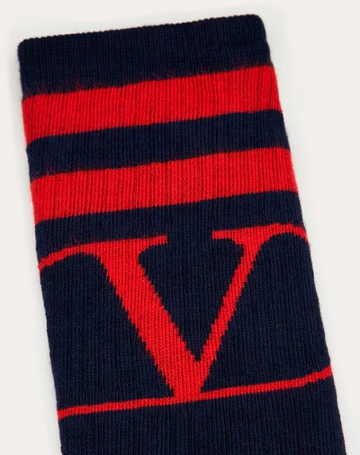 Shop Valentino Uomo Vlogo Signature Socks In Navy/ Red