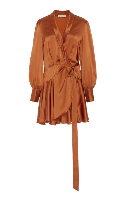 Shop Zimmermann Wrap-effect Silk-satin Mini Dress In Brown