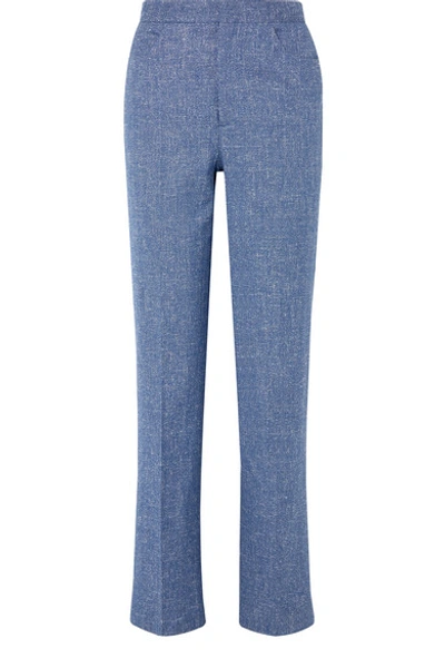 Shop Totême Troia Mélange Stretch Cotton And Linen-blend Straight-leg Pants In Blue