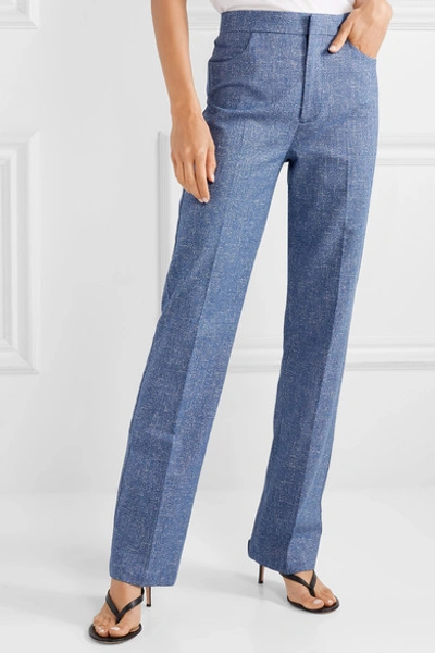 Shop Totême Troia Mélange Stretch Cotton And Linen-blend Straight-leg Pants In Blue