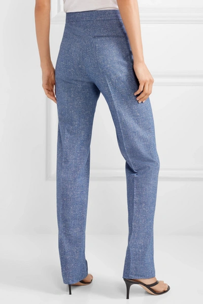 Shop Totême Troia Mélange Stretch Cotton And Linen-blend Straight-leg Pants In Blue