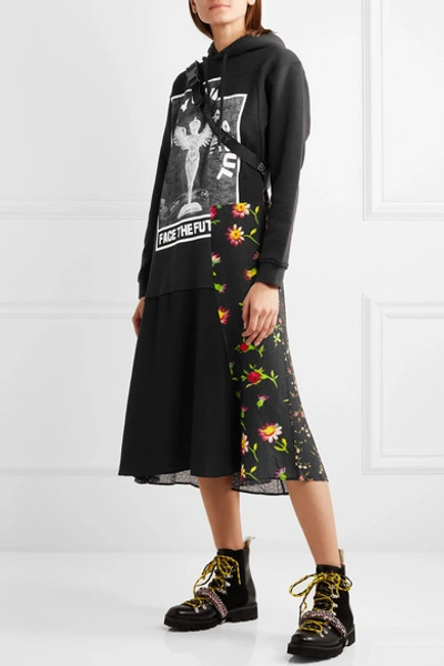 Shop Mcq By Alexander Mcqueen Hooded Printed Cotton-jersey And Crepe Midi Dress In Black