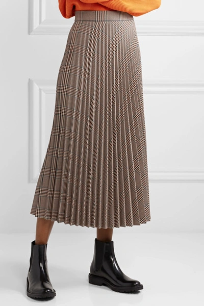 Shop Mm6 Maison Margiela Pleated Checked Woven Midi Skirt In Beige
