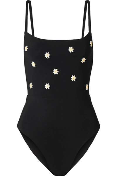 Shop Anemone Narcissus Embroidered Swimsuit In Black