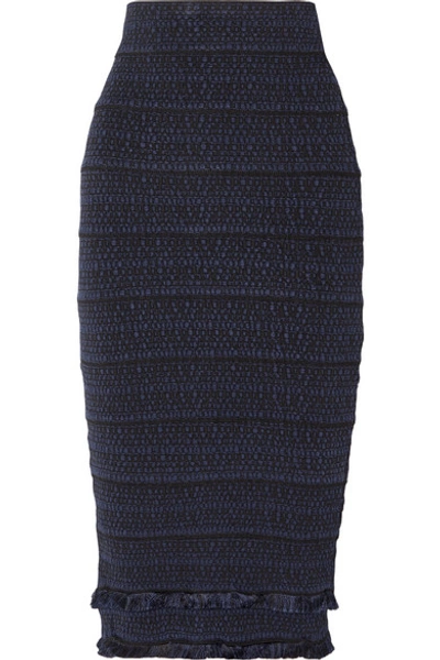 Shop Herve Leger Fringed Jacquard-knit Midi Skirt In Midnight Blue
