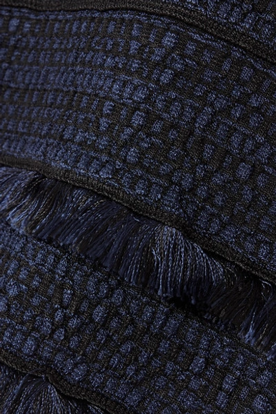 Shop Herve Leger Fringed Jacquard-knit Midi Skirt In Midnight Blue