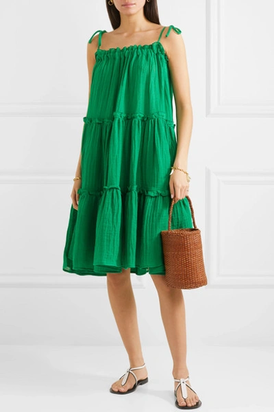 Shop Lisa Marie Fernandez Ruffled Tiered Linen-blend Dress In Green