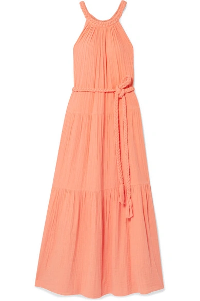 Shop Apiece Apart Escondido Belted Crinkled Cotton-voile Maxi Dress In Peach