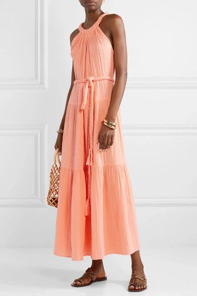 Shop Apiece Apart Escondido Belted Crinkled Cotton-voile Maxi Dress In Peach