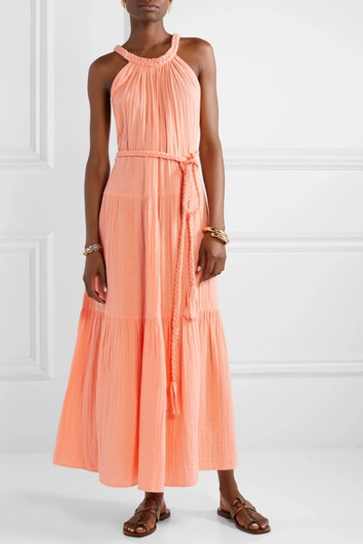 Shop Apiece Apart Escondido Belted Crinkled Cotton-voile Maxi Dress In Peach