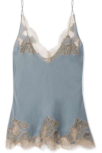 Shop Carine Gilson Chantilly Lace-trimmed Silk-satin Camisole In Blue