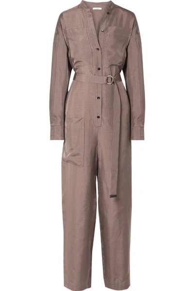 Shop Tibi Walden Belted Checked Cupro Jumpsuit In Brown