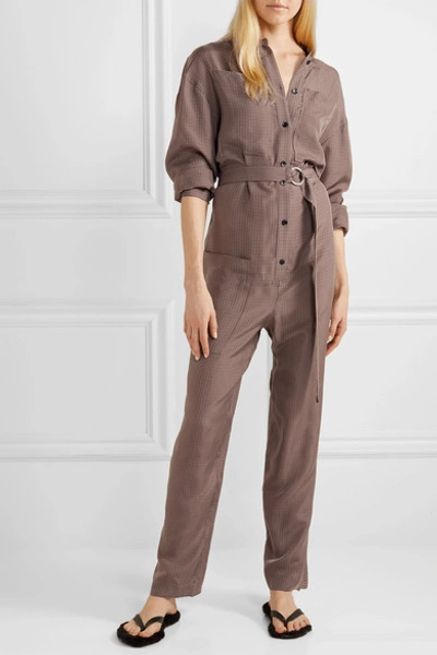 Shop Tibi Walden Belted Checked Cupro Jumpsuit In Brown