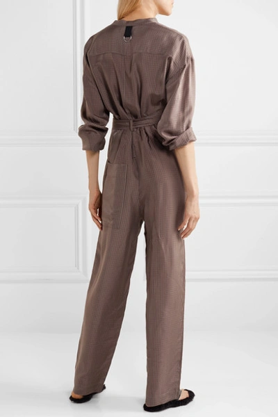 Shop Tibi Walden Belted Checked Cupro Jumpsuit In Brown