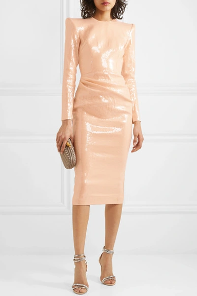 Shop Alex Perry Corbet Gathered Sequined Crepe Midi Dress In Beige