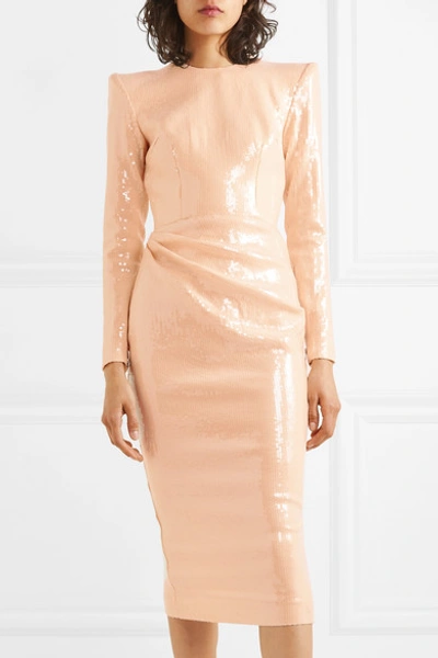 Shop Alex Perry Corbet Gathered Sequined Crepe Midi Dress In Beige