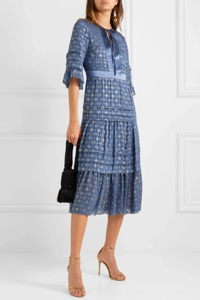 Shop Temperley London Suki Tiered Satin-trimmed Metallic Fil Coupé Chiffon Dress In Blue