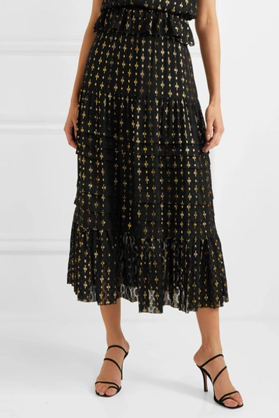 Shop Temperley London Suki Tiered Satin-trimmed Metallic Fil Coupé Chiffon Skirt In Black